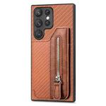 For Samsung Galaxy S22 Ultra 5G Carbon Fiber Horizontal Flip Zipper Wallet Phone Case(Brown)