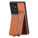 For Samsung Galaxy S21 Ultra 5G Carbon Fiber Vertical Flip Zipper Wallet Phone Case(Brown)