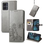 For Motorola Moto G14 Four-leaf Clasp Embossed Leather Phone Case(Gray)