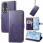 For Honor 80 Four-leaf Clasp Embossed Buckle Leather Phone Case(Purple)