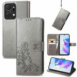 For Honor X7a Four-leaf Clasp Embossed Buckle Leather Phone Case(Gray)