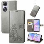 For OPPO A78 Four-leaf Clasp Embossed Buckle Leather Phone Case(Gray)