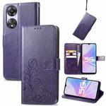 For OPPO A78 Four-leaf Clasp Embossed Buckle Leather Phone Case(Purple)