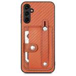 For Samsung Galaxy A34 5G Wristband Kickstand Card Wallet Back Cover Phone Case with Tool Knife(Brown)