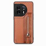 For OnePlus 11 Carbon Fiber Horizontal Flip Zipper Wallet Phone Case(Brown)