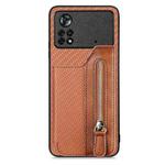For Xiaomi Poco X4 Pro 5G Carbon Fiber Horizontal Flip Zipper Wallet Phone Case(Brown)