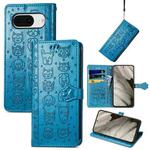 For Google Pixel 8 Cute Cat and Dog Embossed Leather Phone Case(Blue)