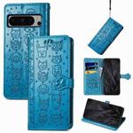 For Google Pixel 8 Pro Cute Cat and Dog Embossed Leather Phone Case(Blue)