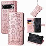 For Google Pixel 8 Pro Cute Cat and Dog Embossed Leather Phone Case(Rose Gold)