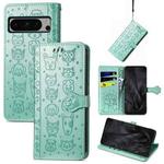 For Google Pixel 8 Pro Cute Cat and Dog Embossed Leather Phone Case(Green)