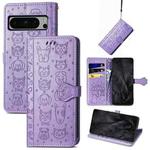 For Google Pixel 8 Pro Cute Cat and Dog Embossed Leather Phone Case(Purple)