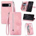 For Google Pixel 8 Pro Embossed Flower Zipper Leather Phone Case(Pink)