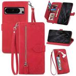 For Google Pixel 8 Pro Embossed Flower Zipper Leather Phone Case(Red)