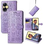 For Realme C55 Cat and Dog Embossed Phone Leather Phone Case(Purple)