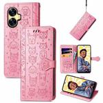 For Realme C55 Cat and Dog Embossed Phone Leather Phone Case(Pink)