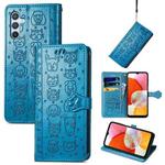 For Samsung Galaxy A14 4G Cat and Dog Embossed Phone Leather Phone Case(Blue)