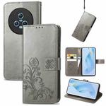For Honor Magic5 Four-leaf Clasp Embossed Buckle Leather Phone Case(Gray)
