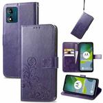 For Motorola Moto E13 Four-leaf Clasp Embossed Buckle Leather Phone Case(Purple)