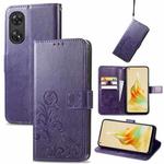 For OPPO Reno8 T 4G Four-leaf Clasp Embossed Buckle Leather Phone Case(Purple)