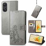 For OPPO Reno8 T 4G Four-leaf Clasp Embossed Buckle Leather Phone Case(Gray)
