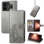For Realme GT Neo 5 Four-leaf Clasp Embossed Buckle Leather Phone Case(Gray)