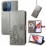 For Xiaomi Redmi 12C Four-leaf Clasp Embossed Buckle Leather Phone Case(Gray)