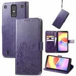 For ZTE Blade A32 Four-leaf Clasp Embossed Buckle Leather Phone Case(Purple)