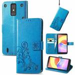 For ZTE Blade A32 Four-leaf Clasp Embossed Buckle Leather Phone Case(Blue)