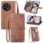 For OnePlus Ace 2 Embossed Flower Zipper Leather Phone Case(Brown)