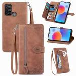 For ZTE Blade A52 Embossed Flower Zipper Leather Phone Case(Brown)