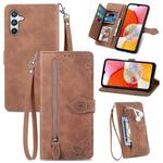 For Samsung Galaxy A14 4G Embossed Flower Zipper Leather Phone Case(Brown)
