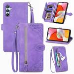 For Samsung Galaxy A14 4G Embossed Flower Zipper Leather Phone Case(Purple)