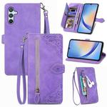 For Samsung Galaxy A34 5G Embossed Flower Zipper Leather Phone Case(Purple)