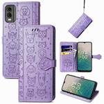 For Nokia C32 Cat and Dog Embossed Leather Phone Case(Purple)