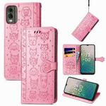For Nokia C32 Cat and Dog Embossed Leather Phone Case(Pink)