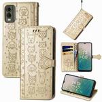 For Nokia C32 Cat and Dog Embossed Leather Phone Case(Gold)