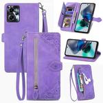 For Motorola Moto G23 Embossed Flower Zipper Leather Phone Case(Purple)