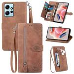 For Redmi Note 12 4G Global Embossed Flower Zipper Leather Phone Case(Brown)