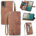 For Nokia C32 Embossed Flower Zipper Leather Phone Case(Brown)