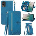 For Nokia C32 Embossed Flower Zipper Leather Phone Case(Blue)