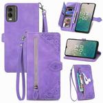 For Nokia C32 Embossed Flower Zipper Leather Phone Case(Purple)