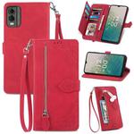 For Nokia C32 Embossed Flower Zipper Leather Phone Case(Red)