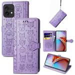 For Motorola Moto X40 Cute Cat and Dog Embossed Flip Leather Phone Case(Purple)