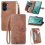 For OnePlus Ace 2V Embossed Flower Zipper Leather Phone Case(Brown)