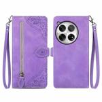 For OnePlus 12 Embossed Flower Zipper Leather Phone Case(Purple)
