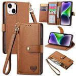 For iPhone 14 Love Zipper Lanyard Leather Phone Case(Brown)