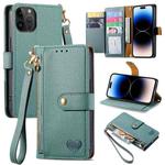 For iPhone 14 Pro Love Zipper Lanyard Leather Phone Case(Green)
