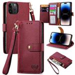 For iPhone 14 Pro Love Zipper Lanyard Leather Phone Case(Red)