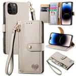 For iPhone 14 Pro Max Love Zipper Lanyard Leather Phone Case(Gray)