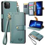 For iPhone 13 Pro Love Zipper Lanyard Leather Phone Case(Green)